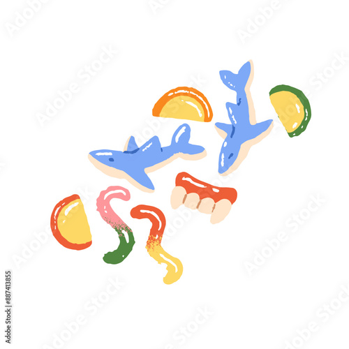 Marmalade candies with different shapes. Gummy sharks, worms with fruit, berry flavour. Sweet and sour jellies. Cute confection. Flat isolated hand drawn vector illustration on white background