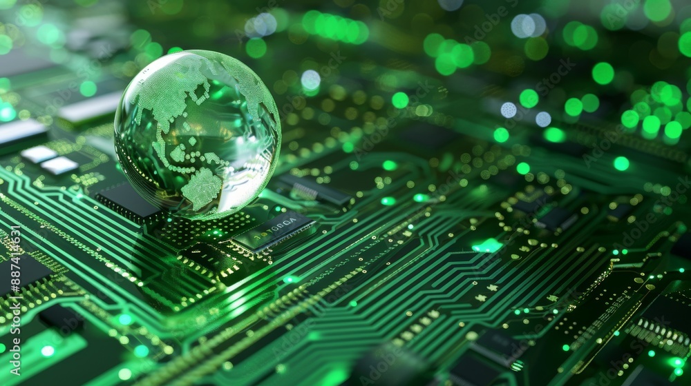 The concept of green technology includes a crystal globe on a circuit board representing technology innovations, environmental considerations, green computing, CSR, IT ethics, and AI The concept of green technology includes a crystal globe on a circuit board representing technology innovations, environmental considerations, green computing, CSR, IT ethics, and AI