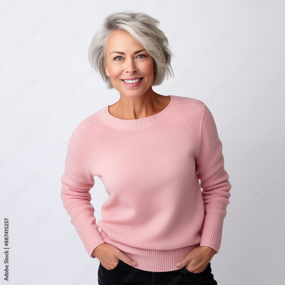 Happy Senior Woman in Pink Sweater with Short Hair Smiling on White Background Happy Senior Woman in Pink Sweater with Short Hair Smiling on White Background