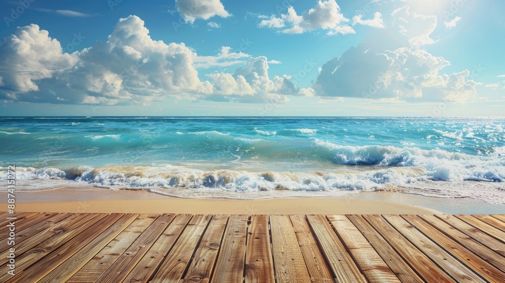 Fototapeta premium Tropical summer concept background featuring wooden floor sea waves and sky sand