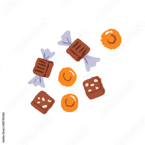 Little milk caramel, lollipops, toffee, butterscotch and chocolate candies in wrapping. Small hard sugar bonbons. Confectionery. Flat isolated hand drawn vector illustration on white background