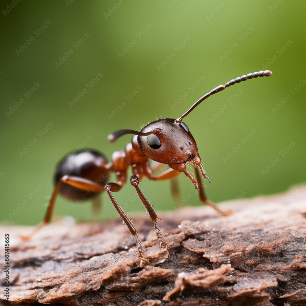 Detailed Macro Photograph Of A Brown Ant On Bark With A Green Background, Showcasing The Natural Habitat Detailed Macro Photograph Of A Brown Ant On Bark With A Green Background, Showcasing The Natural Habitat