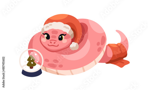 Cute kawaii snake in Santa hat. Chinese New Year symbol. Baby animal, CNY mas...