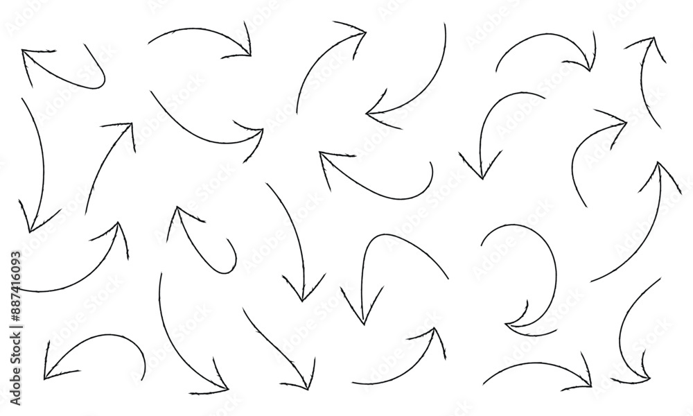 Set of black hand drawn grunge doodle spiral and curved charcoal, chalk arrows on white background. Scribble symbols of direction pointers, swirl arrow elements for infographic design in eps 10. Set of black hand drawn grunge doodle spiral and curved charcoal, chalk arrows on white background. Scribble symbols of direction pointers, swirl arrow elements for infographic design in eps 10.