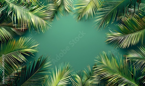 Symmetrical arrangement of green palm leaves in a pattern against a uniform green background