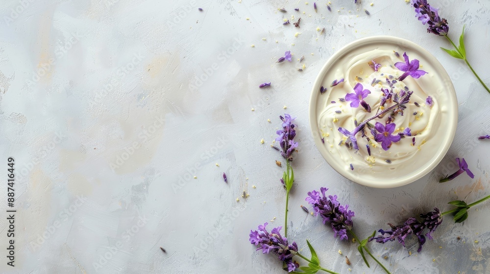 Cream with lavender flowers on white table Cream with lavender flowers on white table