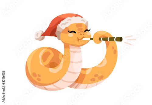 Cute happy snake with flute, playing music for Chinese New Year celebration. 2025 CNY animal symbol, mascot in Santa hat. Funny kids flat cartoon vector illustration isolated on white background