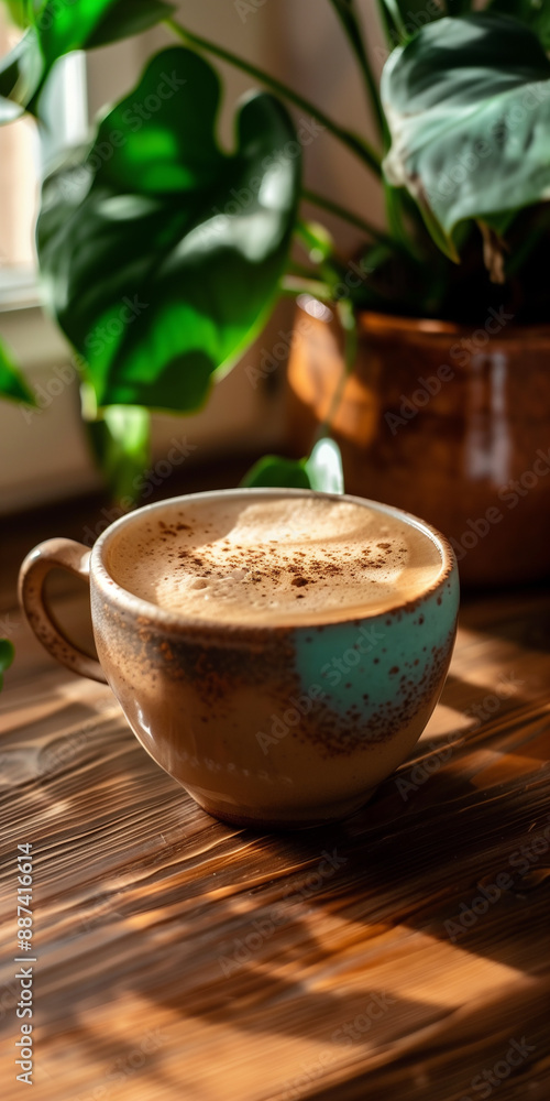 steaming cup of latte adorned with milk foam art rest on a rustic wooden table, bathed in soft sunlight steaming cup of latte adorned with milk foam art rest on a rustic wooden table, bathed in soft sunlight