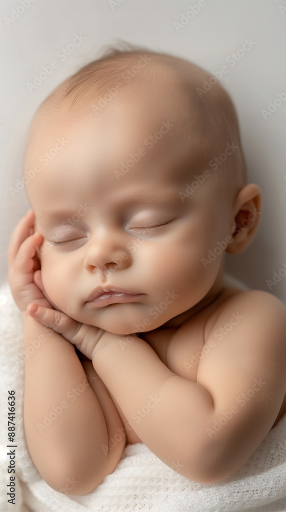 Close-up of a peacefully sleeping newborn baby with hand on cheek, wrapped in a soft white blanket. Perfect for baby care and parenting themes. Close-up of a peacefully sleeping newborn baby with hand on cheek, wrapped in a soft white blanket. Perfect for baby care and parenting themes.