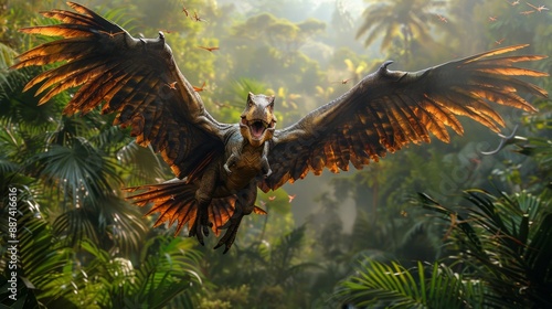 Archaeopteryx in the jungle, a bird-like dinosaur from the Late Jurassic period