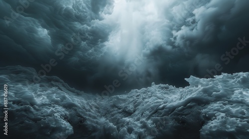 A cinematic photo of the ice on the arctic sea floor, with a low angle shot from below under water, with massive clouds of dark smoke rising up and filling all the space above it. Black background.