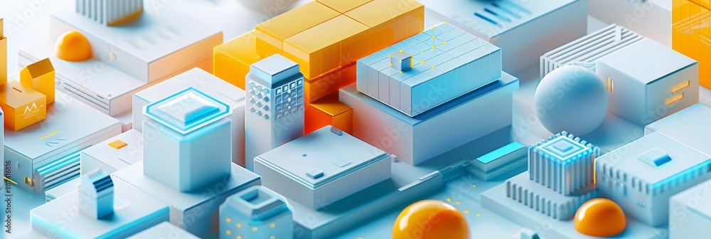 Obraz premium Abstract Futuristic 3D Render Minimalistic Style with Floating Geometric Shapes - Isometric Design, Light Color Theme, Bright Background, and Soft Lighting