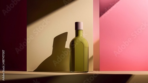 Green extra virgin olive oil bottle casting a shadow on a colorful minimalist background