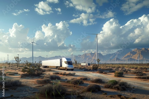 Self-driving truck convoy transporting goods across a desert landscape, with solar-powered recharging stations and wind turbines along the route  © Pixels 