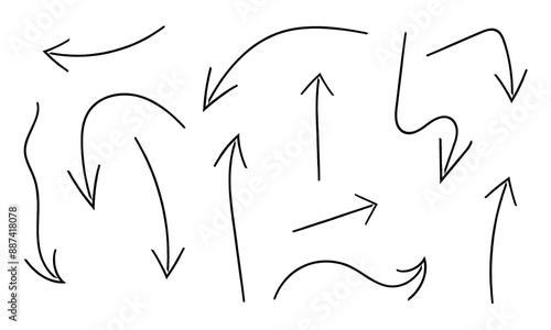 Doodle arrows set. Hand drown lines and curve scribbles. Vector scetch of abstract pointer in different shapes isolated on white background in eps 10.
