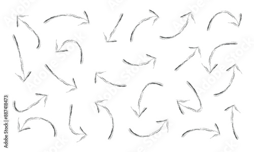 Doodle arrows set. Hand drown lines and curve scribbles. Vector scetch of abstract pointer in different shapes isolated on white background in eps 10.