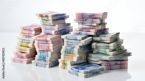 Large Stacks Of Colorful Euro Banknotes Neatly Arranged On White Background