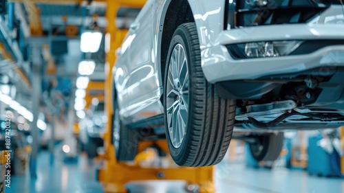 A vehicle inspector checks the undercarriage of a car with a flashlight.