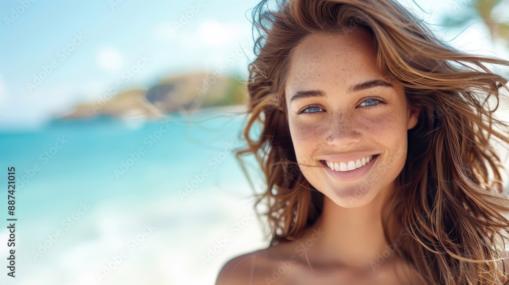 A young woman with a natural, no-makeup makeup look and beachy waves. A young woman with a natural, no-makeup makeup look and beachy waves.