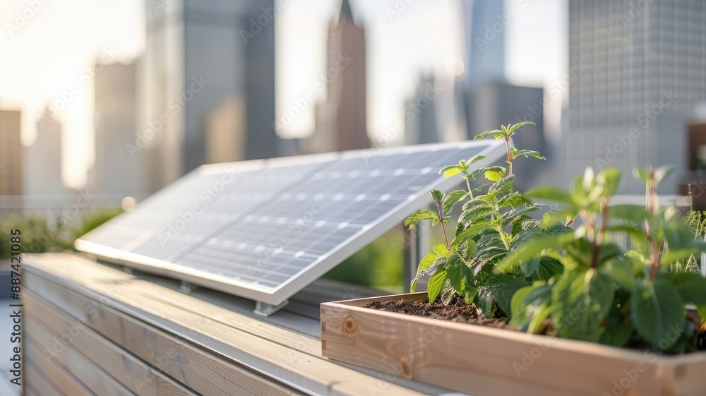 Fototapeta premium A rooftop garden with solar panels, showcasing a sustainable approach to urban living.