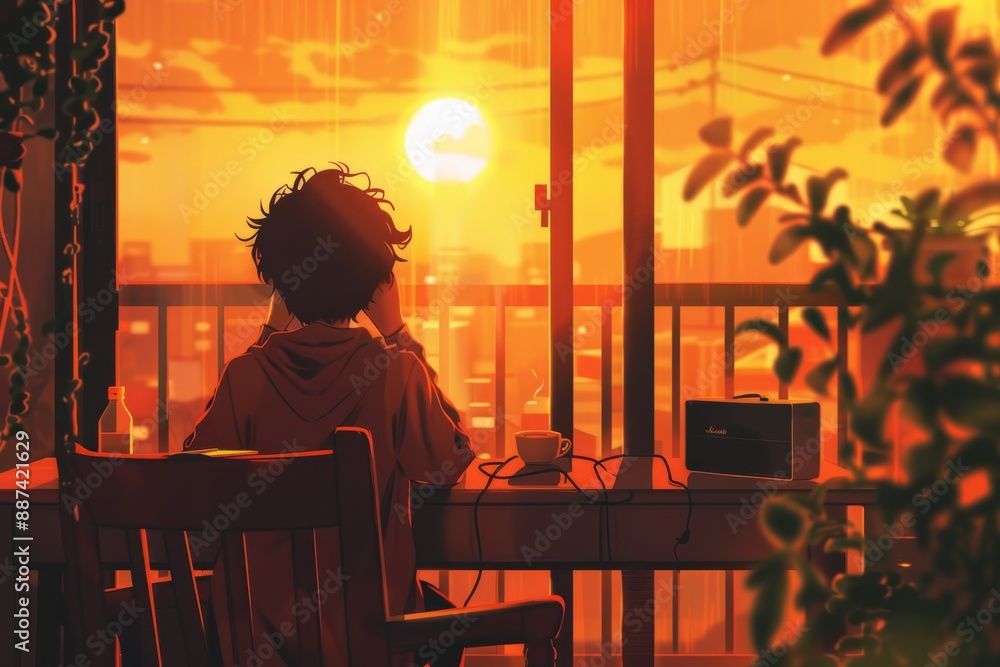 A cozy balcony with a view of the waking city. A person reads a book, surrounded by the peaceful morning light. Cozy vibe, Generative AI A cozy balcony with a view of the waking city. A person reads a book, surrounded by the peaceful morning light. Cozy vibe, Generative AI