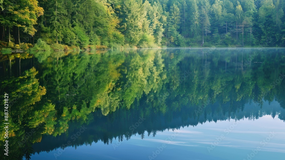 Panorama of morning lake. Calm lake mirrors the surroundings upside down Panorama of morning lake. Calm lake mirrors the surroundings upside down