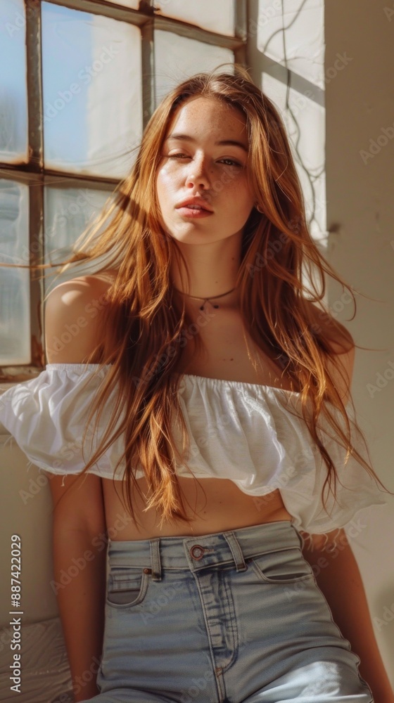 Fototapeta premium A woman with long brown hair is wearing a white top and blue jeans