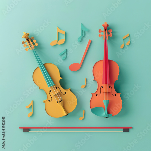 Simple and bright note background, a piano and a violin, Paper Cuttings illustration style, flat color blocks Job ID: cb660e92-900e-429a-8416-3506dcb7eaf1