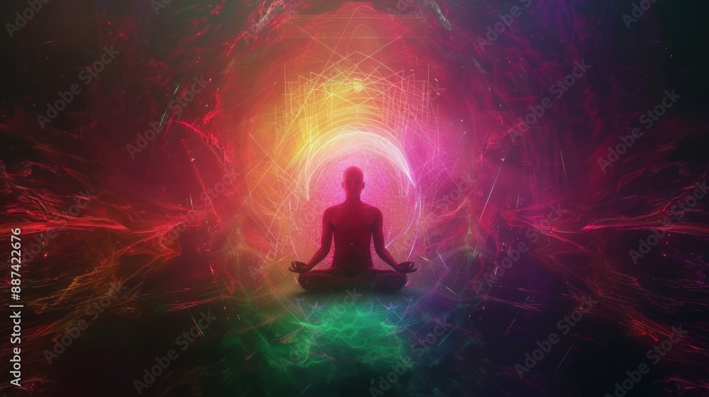 Person meditating in colorful, abstract cosmic aura Person meditating in colorful, abstract cosmic aura