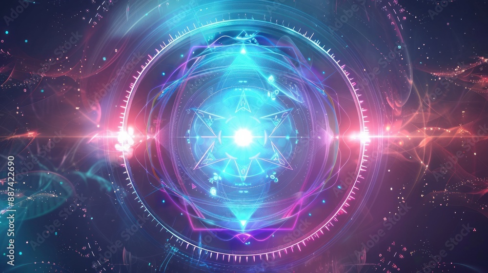Obraz premium Geometric spiritual symbols glowing in vibrant space