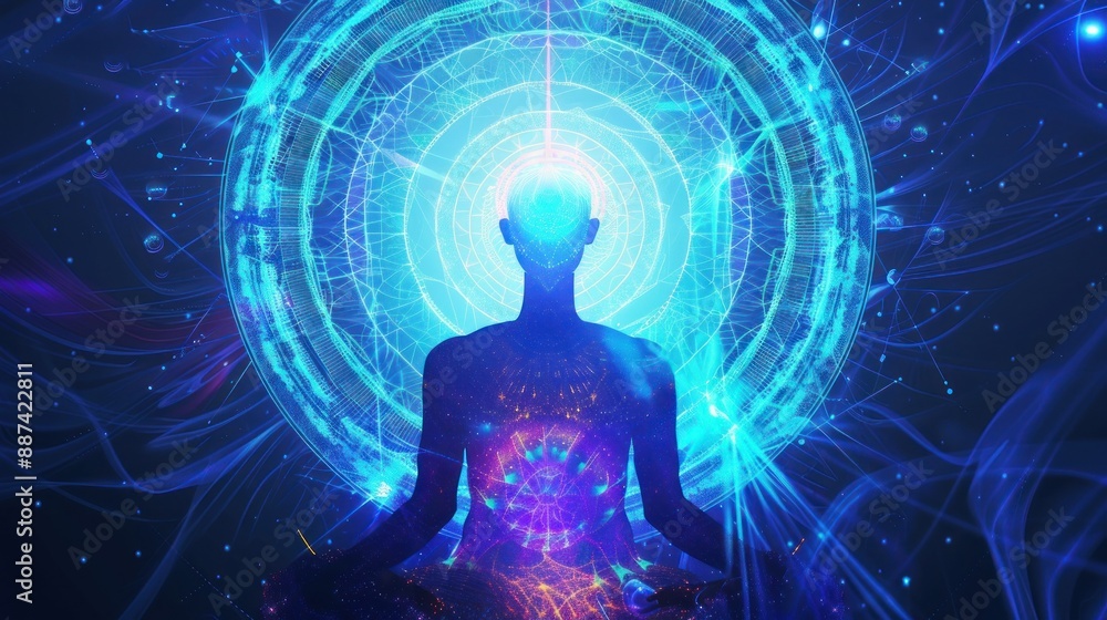 Meditative silhouette with radiant blue aura energy Meditative silhouette with radiant blue aura energy