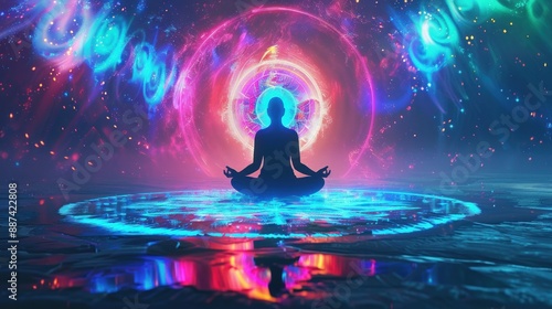 Person meditating among swirling, bright energy orbs