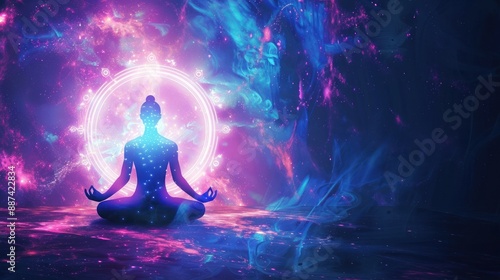 Meditative figure amidst glowing cosmic, ethereal backdrops