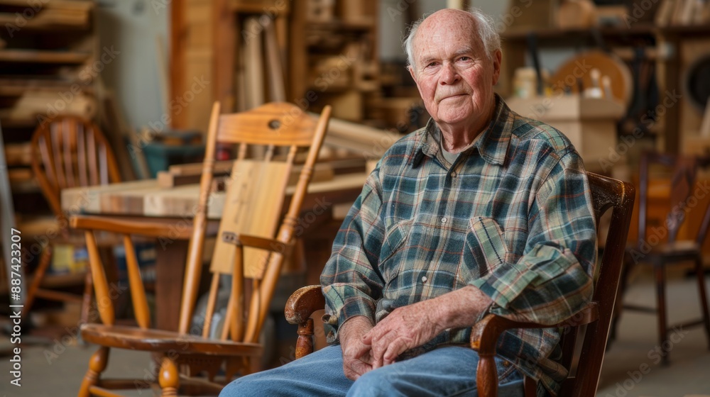 Elderly man in workshop with wooden furniture, tools, and workbenches, showcasing his craftsmanship Elderly man in workshop with wooden furniture, tools, and workbenches, showcasing his craftsmanship