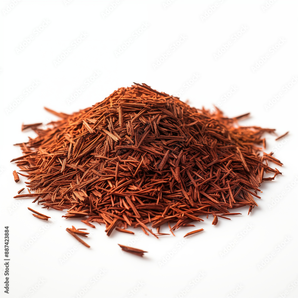 Fototapeta premium Pile of Brown Shredded Wood Chips on White Background Emphasizing Their Use as Natural Mulch for Landscaping and Gardening