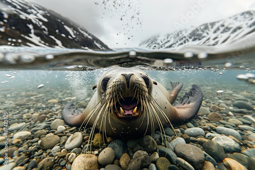 upside down seal, underwater shot of sea lion with mouth open on beach in the south shetland islands. clear water and pebbles on the bottom, snow-capped mountains visible behind in the sky. national g photo