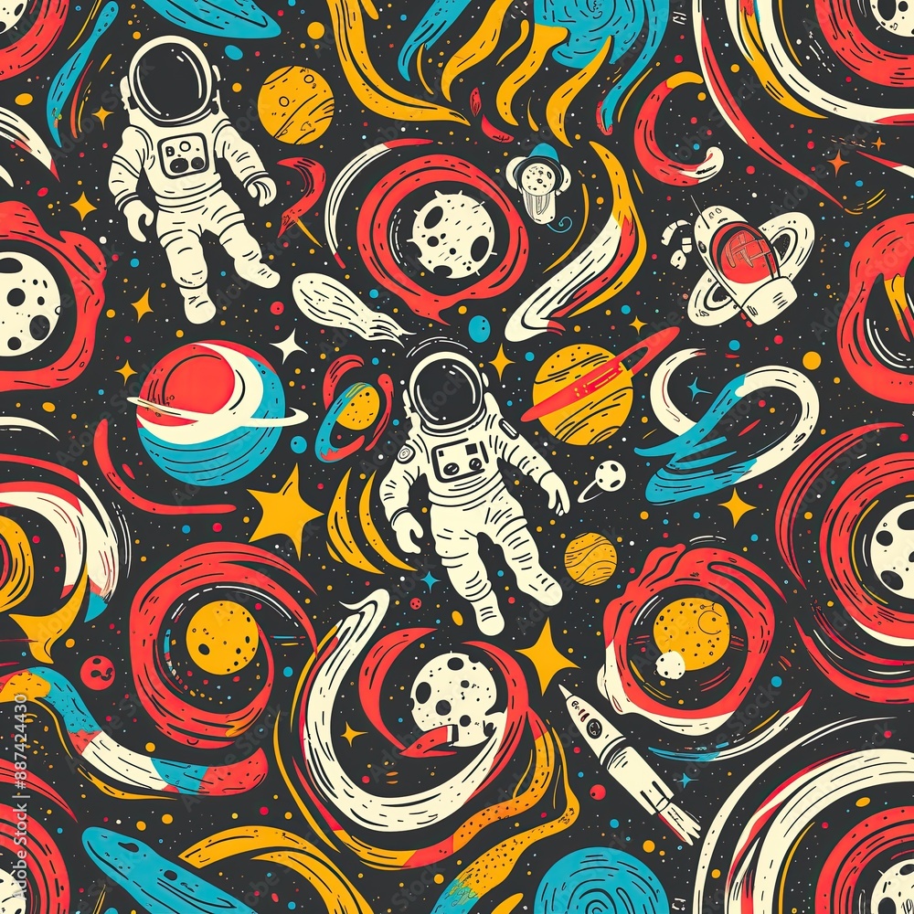 Fun Funky Space Pattern Astronaut Wallpaper, Wild Science Fiction Wrapping Paper Design, Retro Stars Astronomy Background Concept, Colorful Vibrant Galactic Galaxy Backdrop Fun Funky Space Pattern Astronaut Wallpaper, Wild Science Fiction Wrapping Paper Design, Retro Stars Astronomy Background Concept, Colorful Vibrant Galactic Galaxy Backdrop