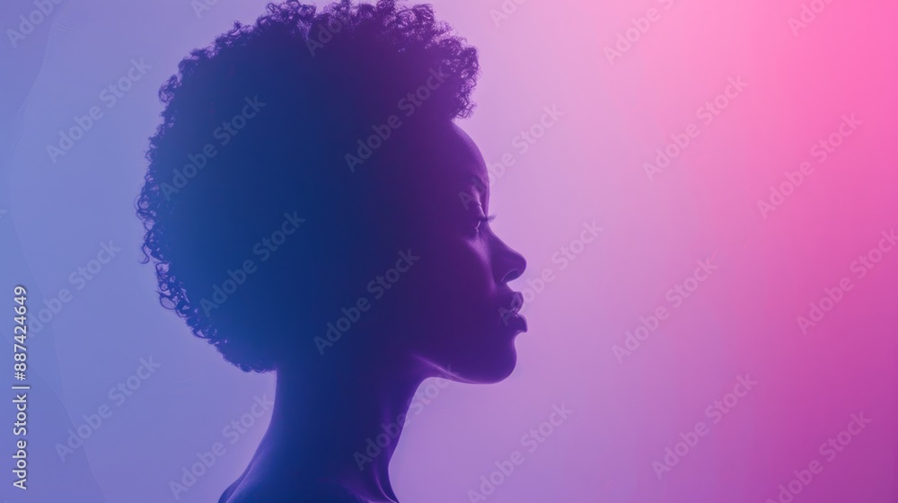 A side profile of a woman with a gradient of blue and pink hues, Profile of a woman in an artistic color gradient with abstract, aesthetic, and trendy features A side profile of a woman with a gradient of blue and pink hues, Profile of a woman in an artistic color gradient with abstract, aesthetic, and trendy features