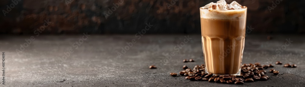 A refreshing iced coffee latte served in a tall glass, surrounded by scattered coffee beans on a dark rustic background. A refreshing iced coffee latte served in a tall glass, surrounded by scattered coffee beans on a dark rustic background.