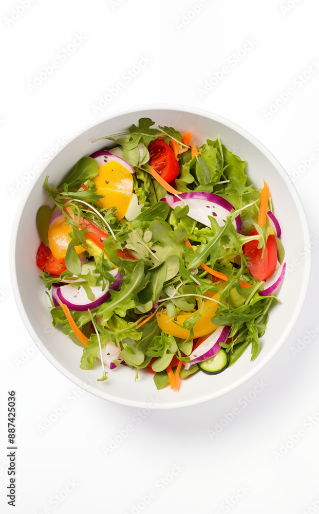 A Fresh And Colorful Salad With Mixed Greens, Tomatoes, And Vegetables, Served In A White Bowl, Healthy And Delicious Meal A Fresh And Colorful Salad With Mixed Greens, Tomatoes, And Vegetables, Served In A White Bowl, Healthy And Delicious Meal