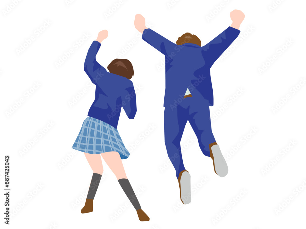 Obraz premium 飛び跳ねる後ろ姿の男女の高校生