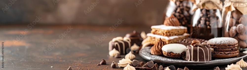 A selection of assorted gourmet chocolates and cookies arranged elegantly on a rustic table, perfect for dessert lovers and special occasions.