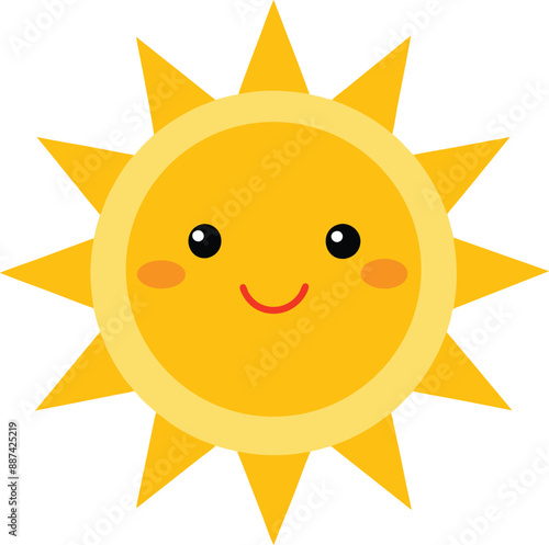 Happy sun on white background. Cute suns. Sunshine emoji, cute smiling faces. Summer sunlight emoticons and morning sunny weather. Isolated funny smileys vector icons.