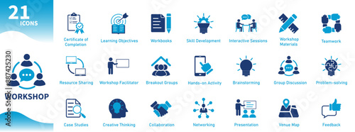 Workshop icon. Set of icons for work, office, group discussion, workbooks, presentation, case studies