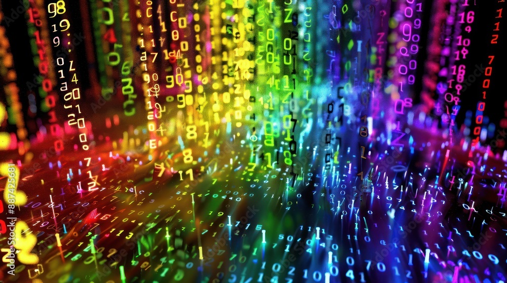 Obraz premium Bright cascading digital numbers in a colorful stream