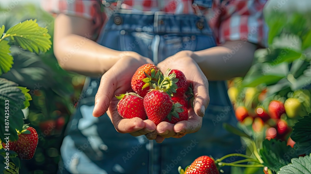 Female holding ripe strawberry in hands. Harvest of fresh juicy strawberry on farm Female holding ripe strawberry in hands. Harvest of fresh juicy strawberry on farm