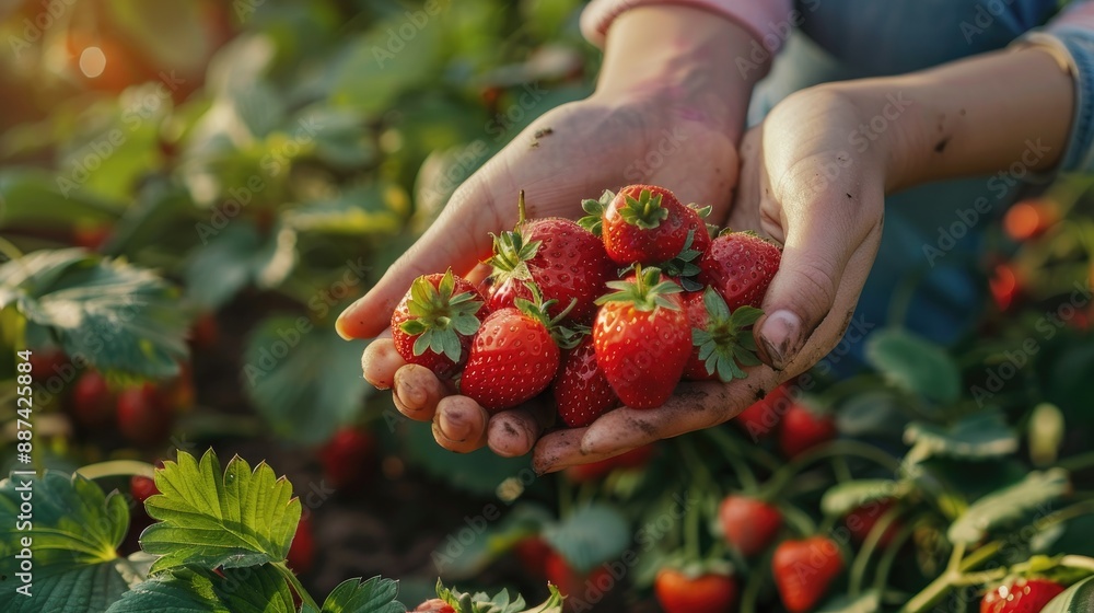 Female holding ripe strawberry in hands. Harvest of fresh juicy strawberry on farm Female holding ripe strawberry in hands. Harvest of fresh juicy strawberry on farm