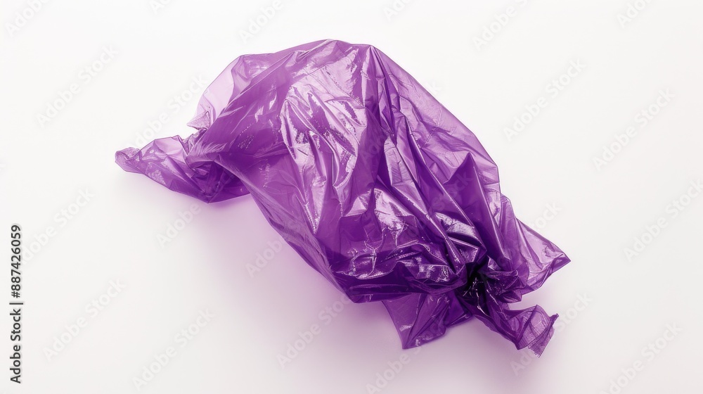 A close-up shot of a purple plastic bag lying on a white surface, with a simple and clean background A close-up shot of a purple plastic bag lying on a white surface, with a simple and clean background