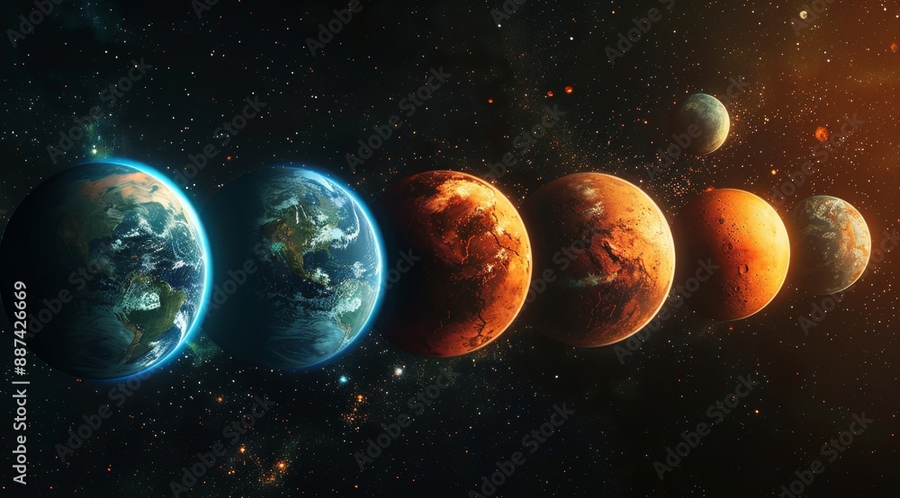 A striking alignment of planets with diverse terrains and colors, set against the backdrop of a star-filled outer space. A striking alignment of planets with diverse terrains and colors, set against the backdrop of a star-filled outer space.