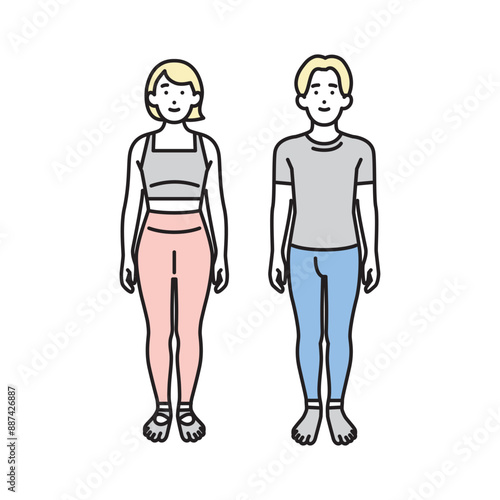 シンプル　イラスト　ピラティスのウェアを着た男女の全身
